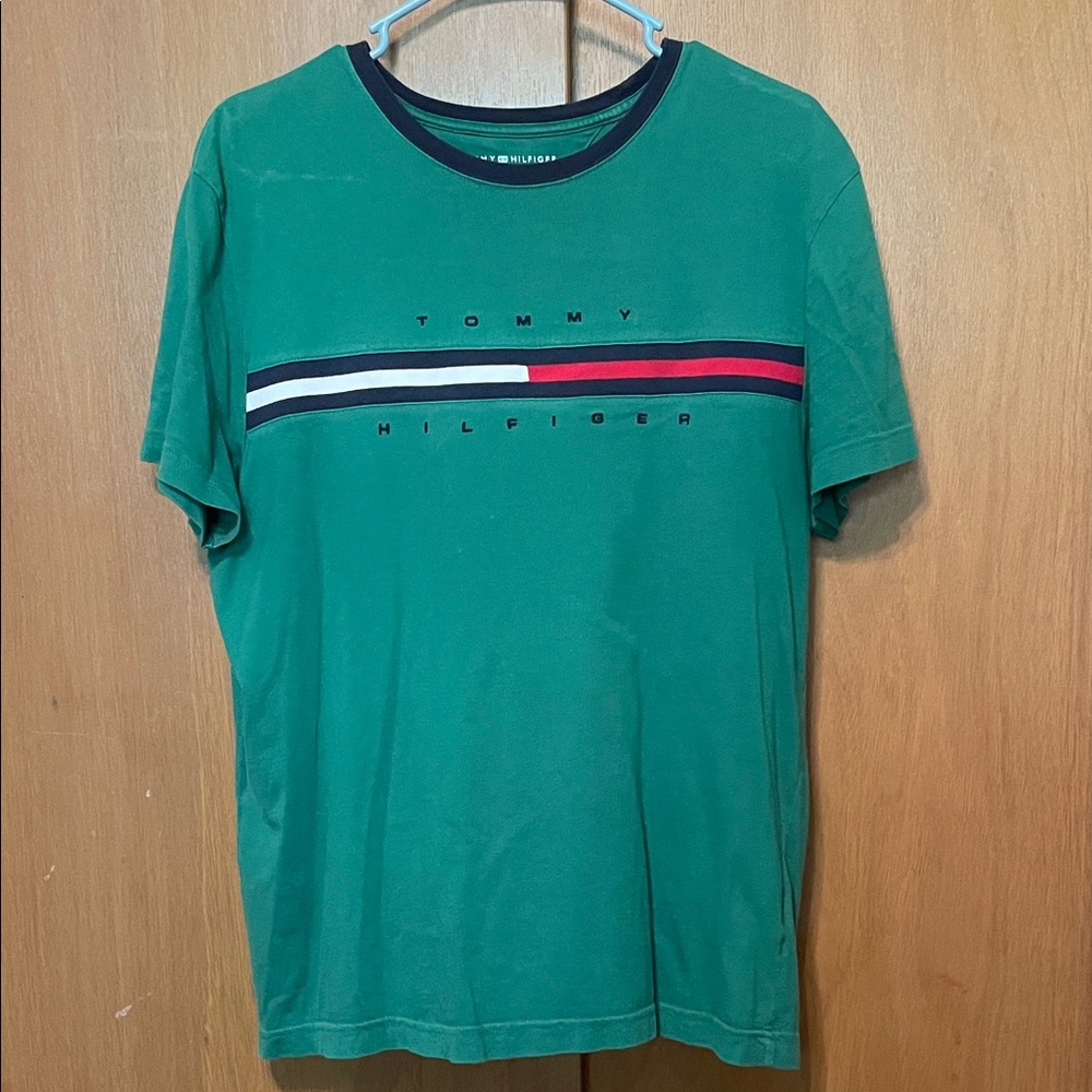 Tommy Hilfiger Men's Green Tee with Logo Stripe